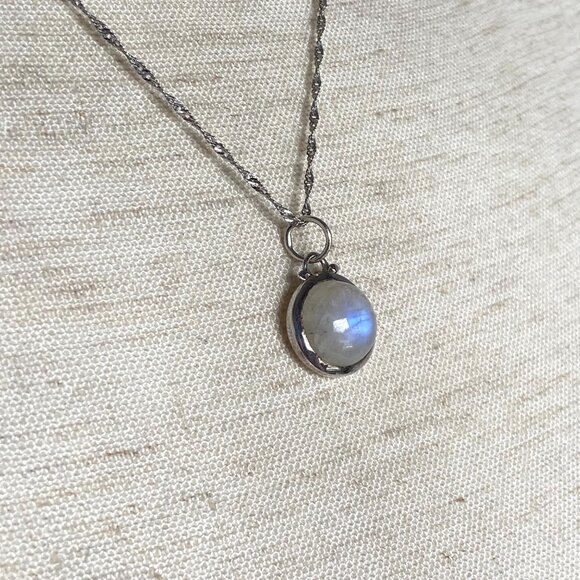 Sterling Silver 925 Baroni Round Moonstone Cabochon Pendant Necklace 18" Chain - Picture 9 of 16